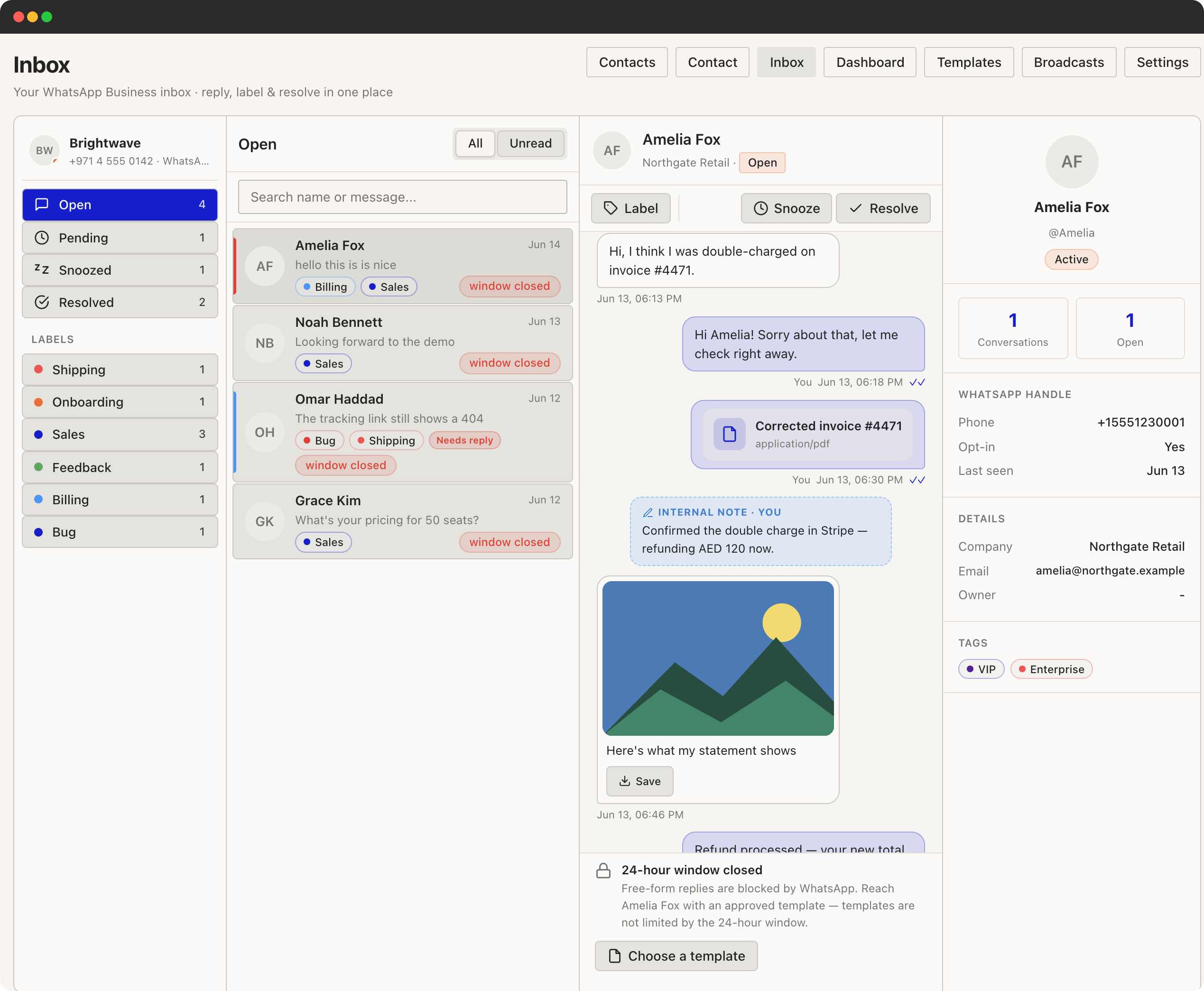 Inbox conversation view with the customer thread open, labels applied, an internal note, and the twenty-four hour reply window flagged