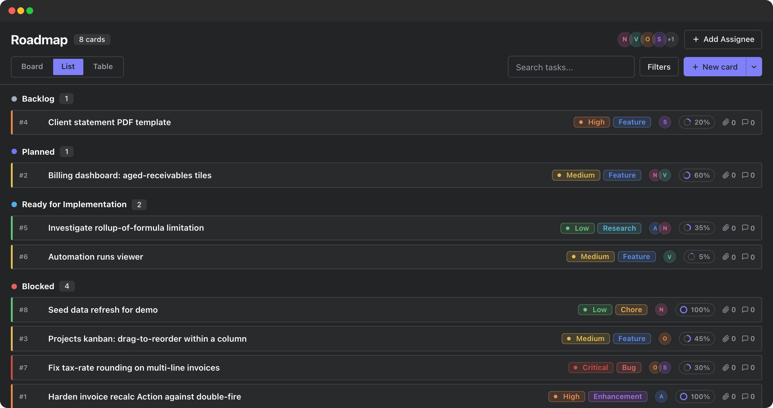 Roadmap list view grouping every work item under its status with priority, type, assignee and progress on each row