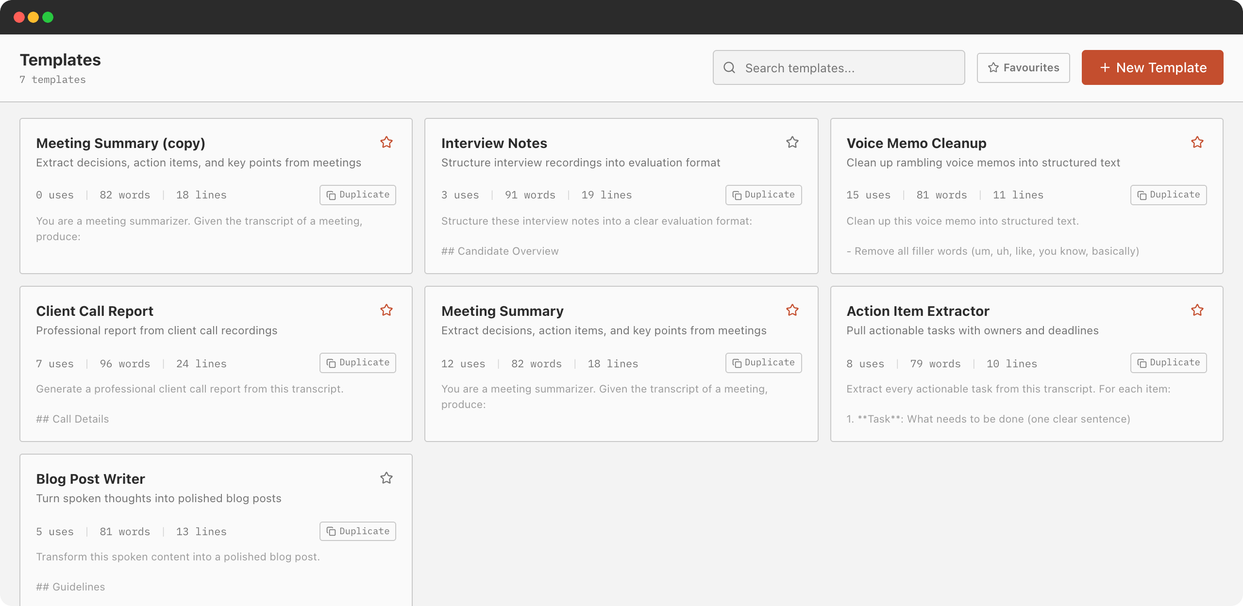 Speech to Text template gallery offering meeting summary, interview notes, client call report and other output formats for a recording