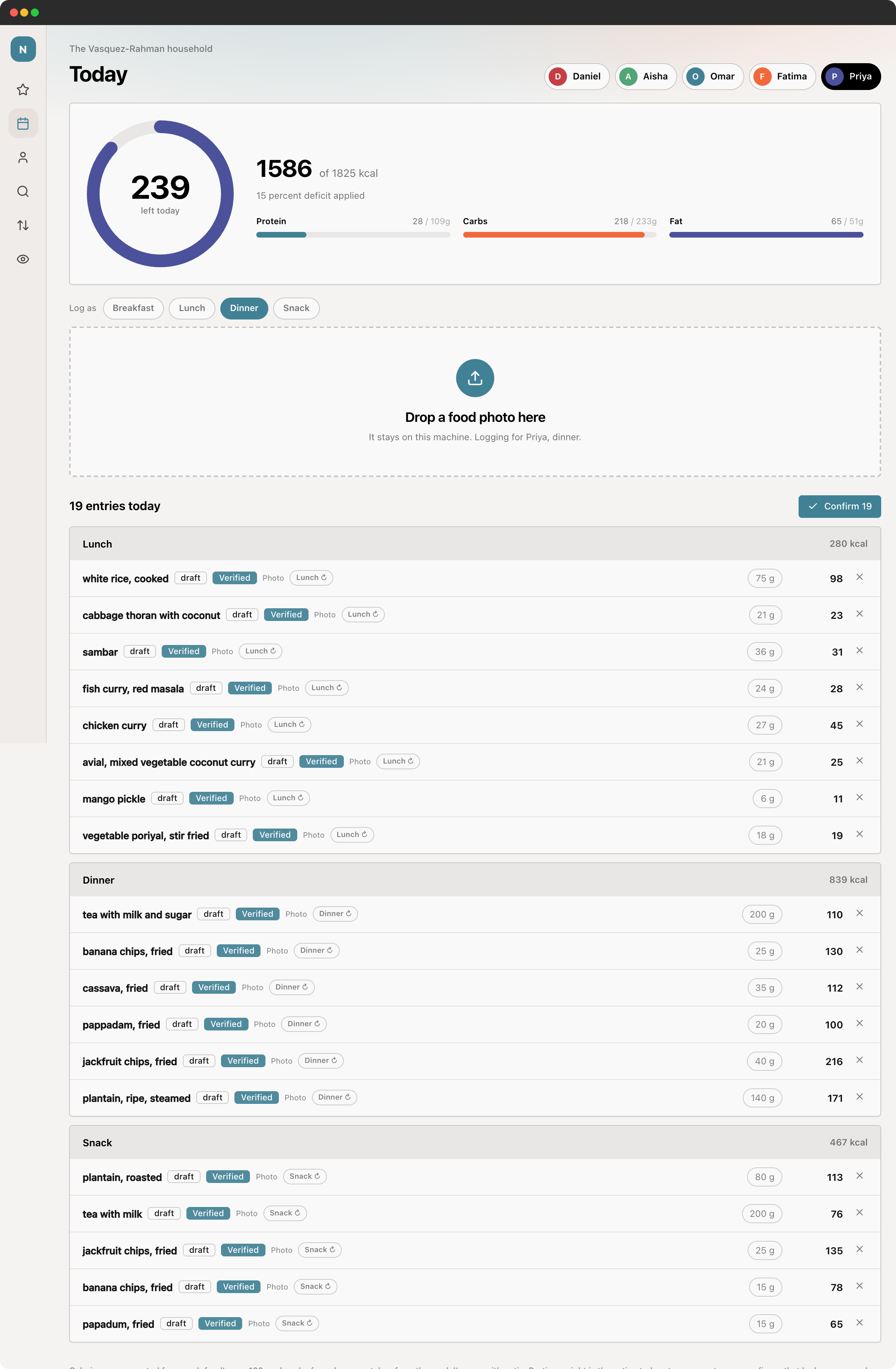 NutriTrack today view listing nineteen logged entries grouped into lunch, dinner and snack with the calorie count for each