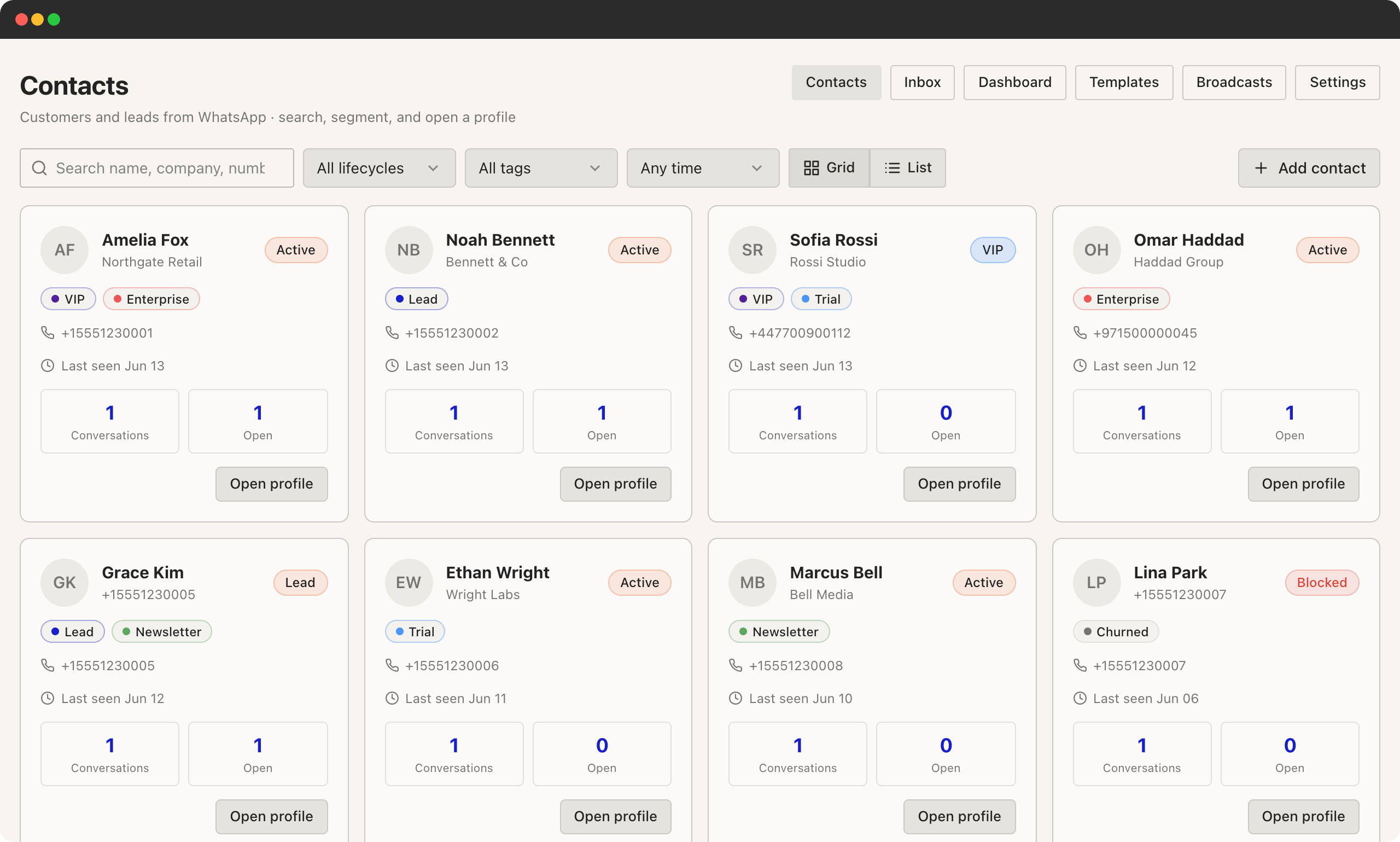 Inbox contact directory showing every customer with lifecycle stage, tags, WhatsApp handle and conversation count