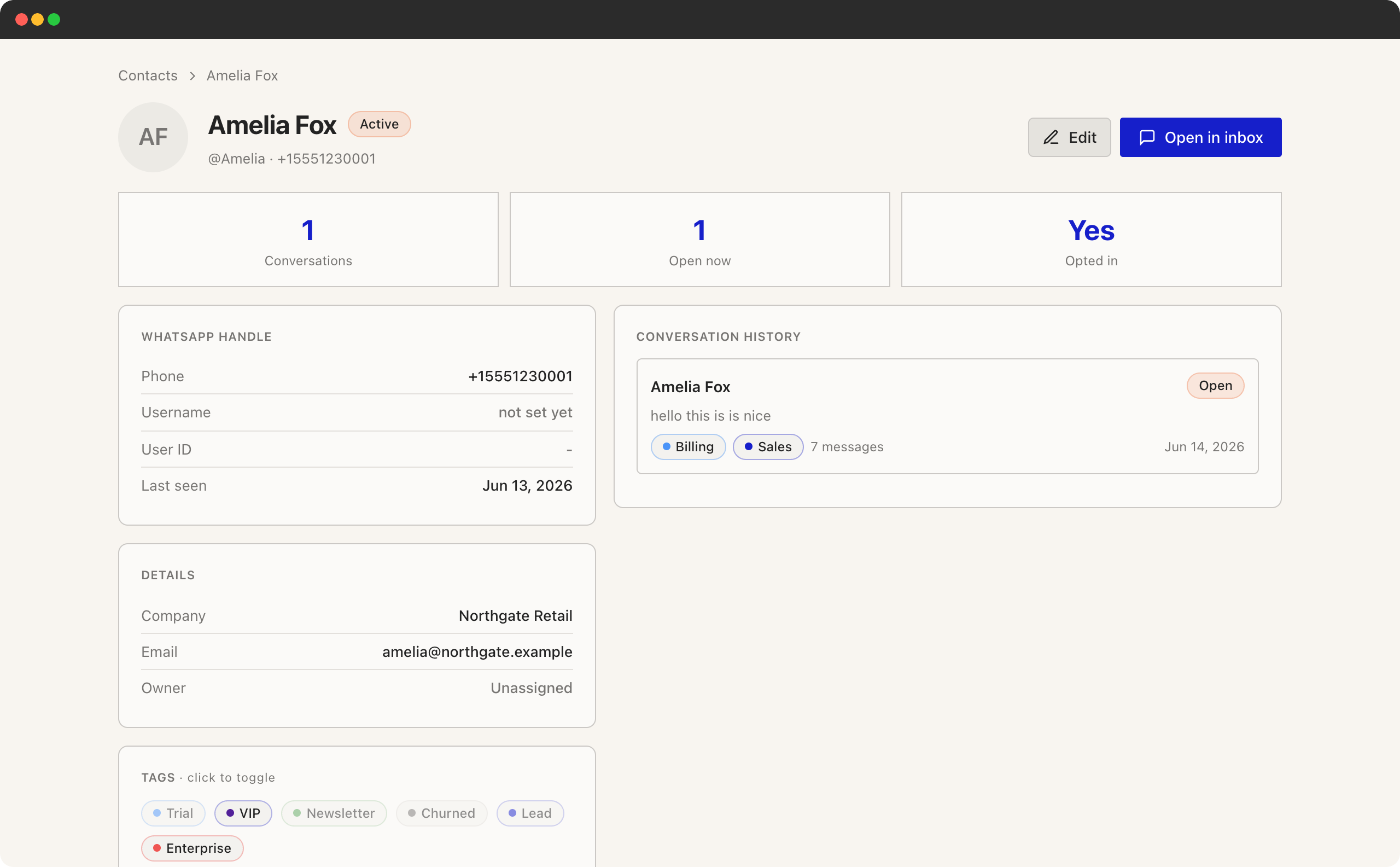 Inbox contact profile showing one customer's conversation history, opt-in status, company details and applied tags