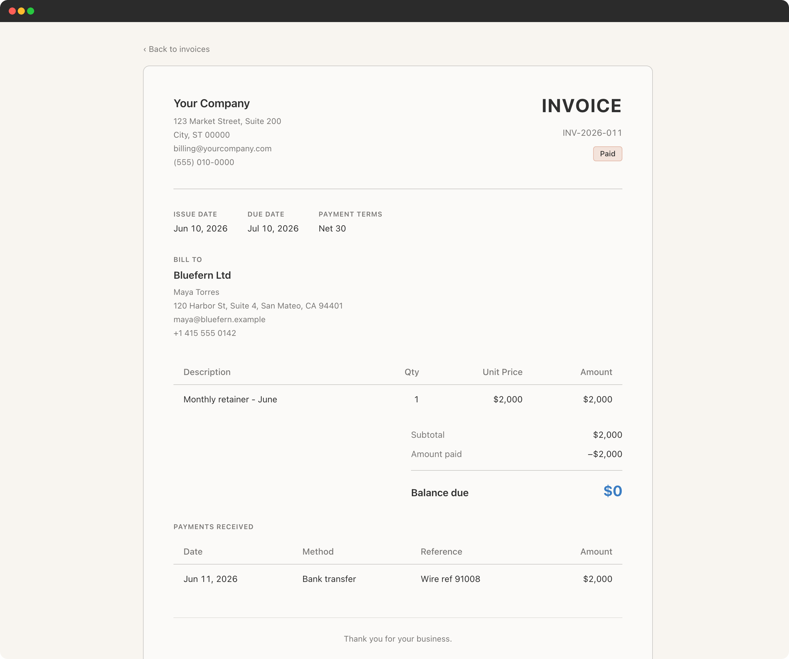 A printable invoice showing the billed client, line items, payment terms and the payments already received against it