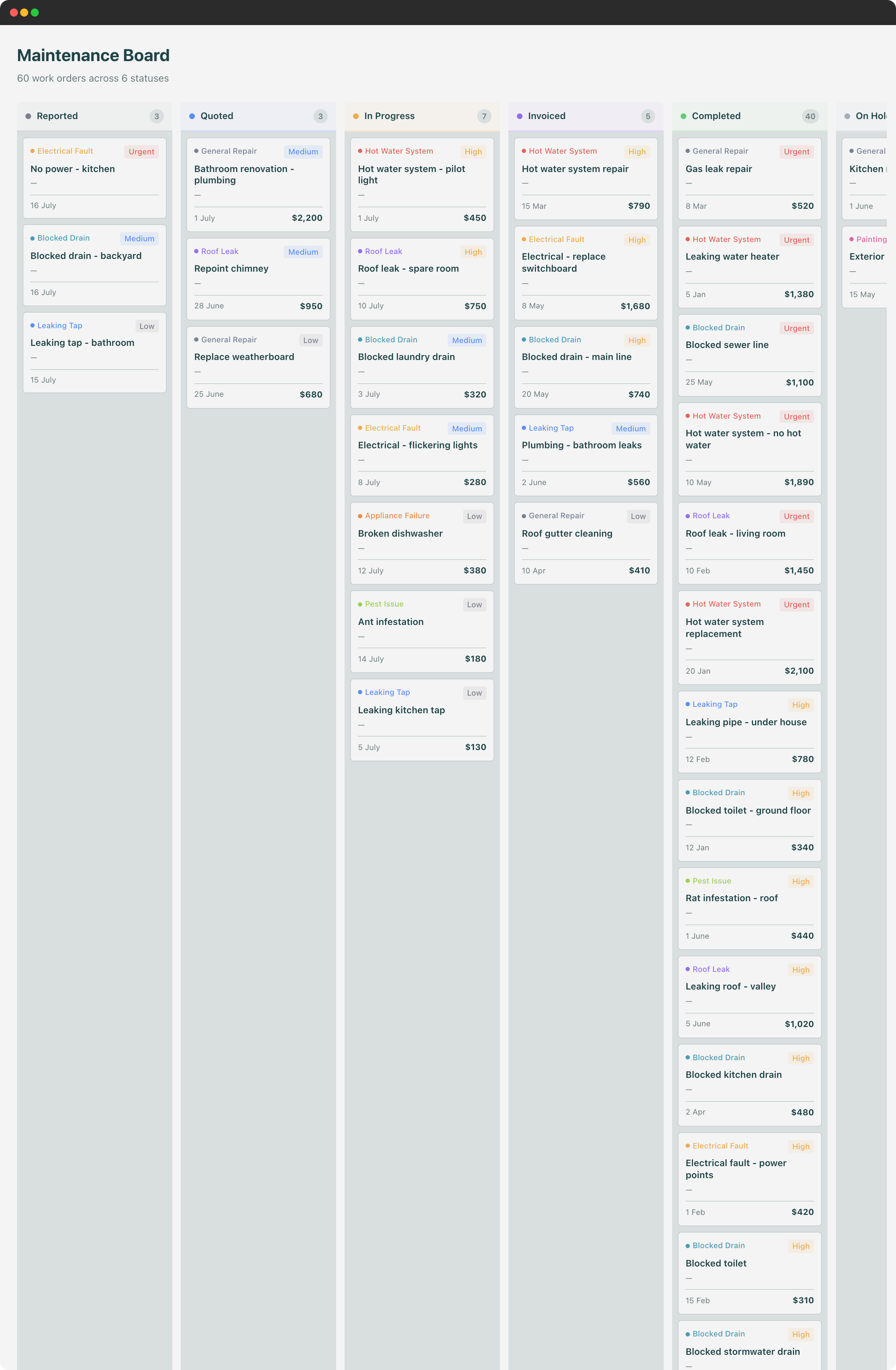Upkeep maintenance board with sixty work orders arranged in lanes from reported through quoted, in progress, invoiced and completed