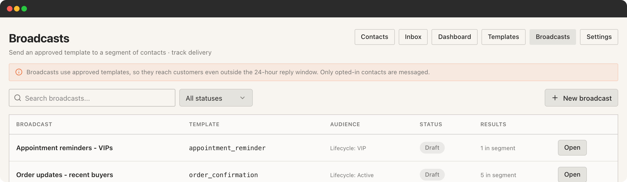 Inbox broadcast list showing each campaign with the template used, the audience segment it targets and its delivery status