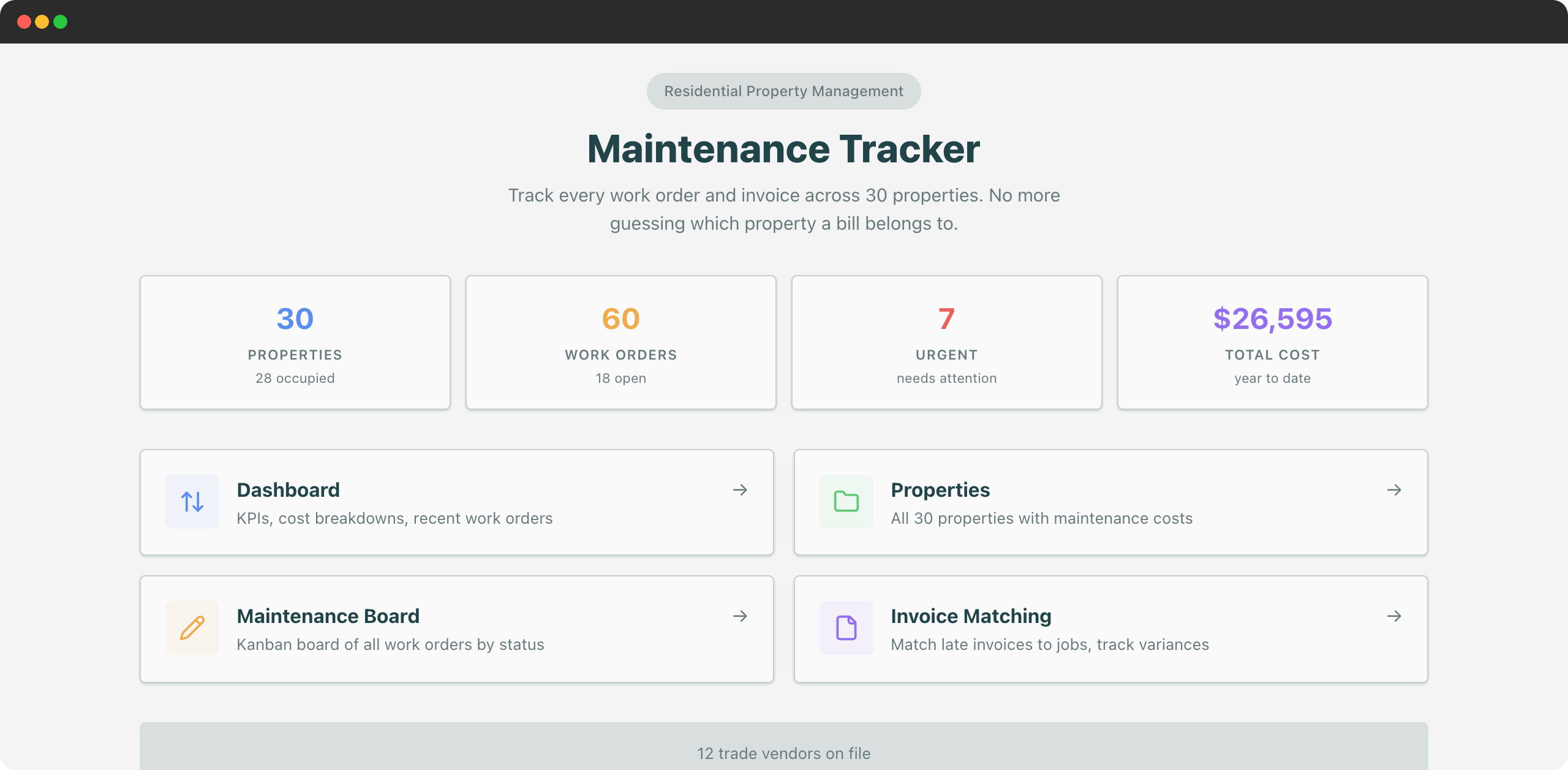 Upkeep home screen linking to the dashboard, property list, maintenance board and invoice matching