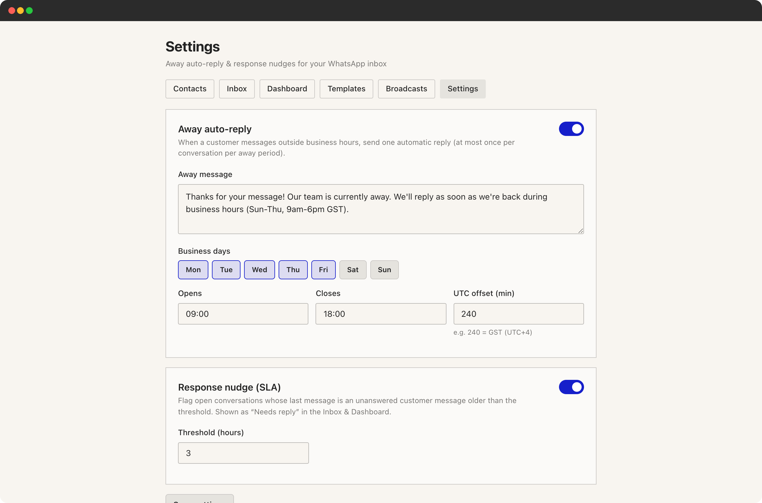 Inbox settings screen holding the away auto-reply, business hours, and the threshold at which an unanswered message is flagged