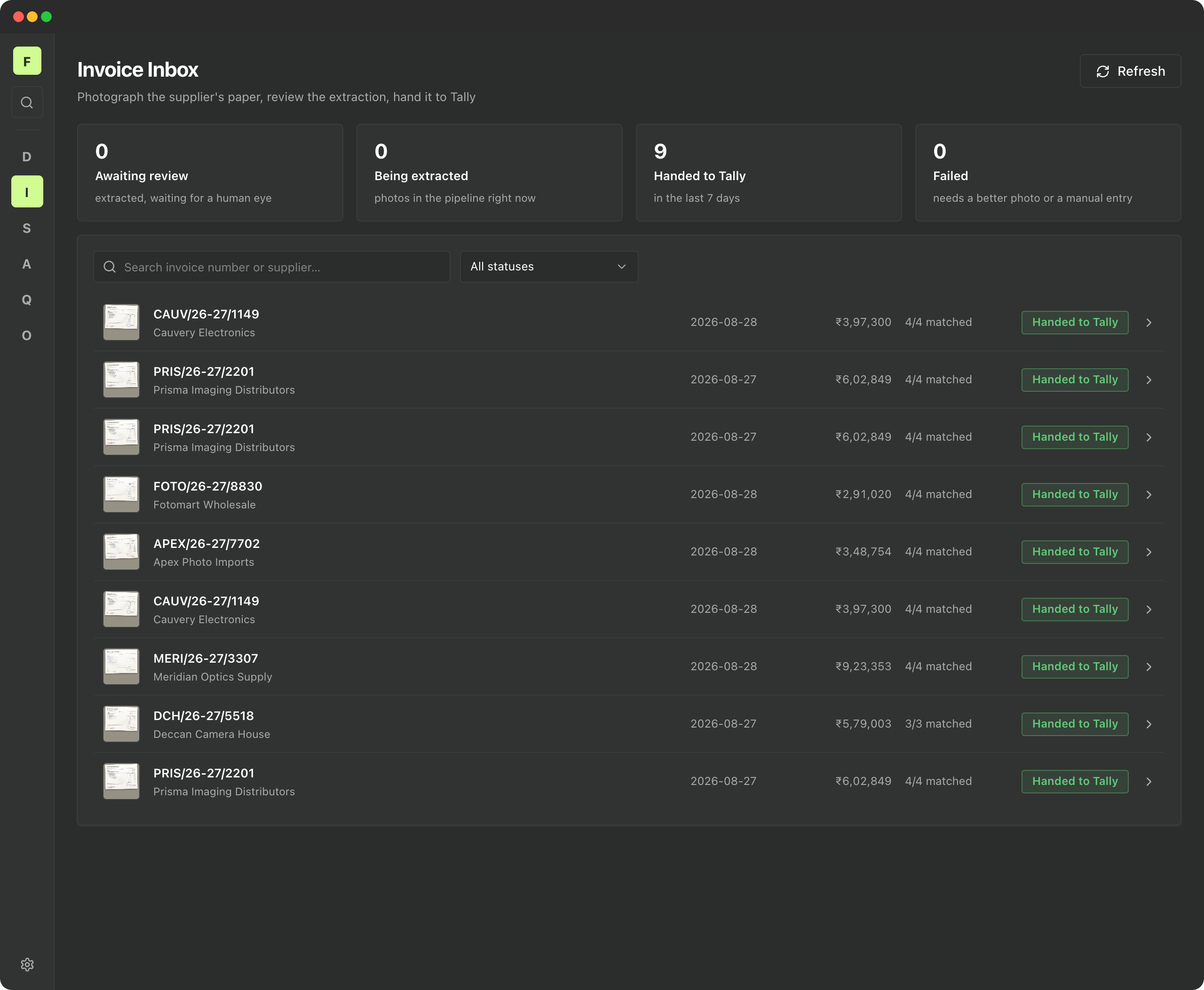 Stockroom invoice inbox showing supplier invoices extracted from photos and matched to purchase orders